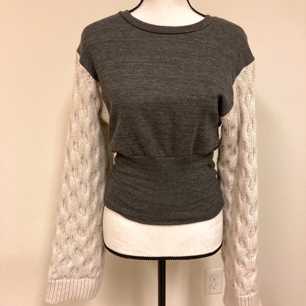 Grey Zara Sweater with Ivory Cable-knit Sleeves
